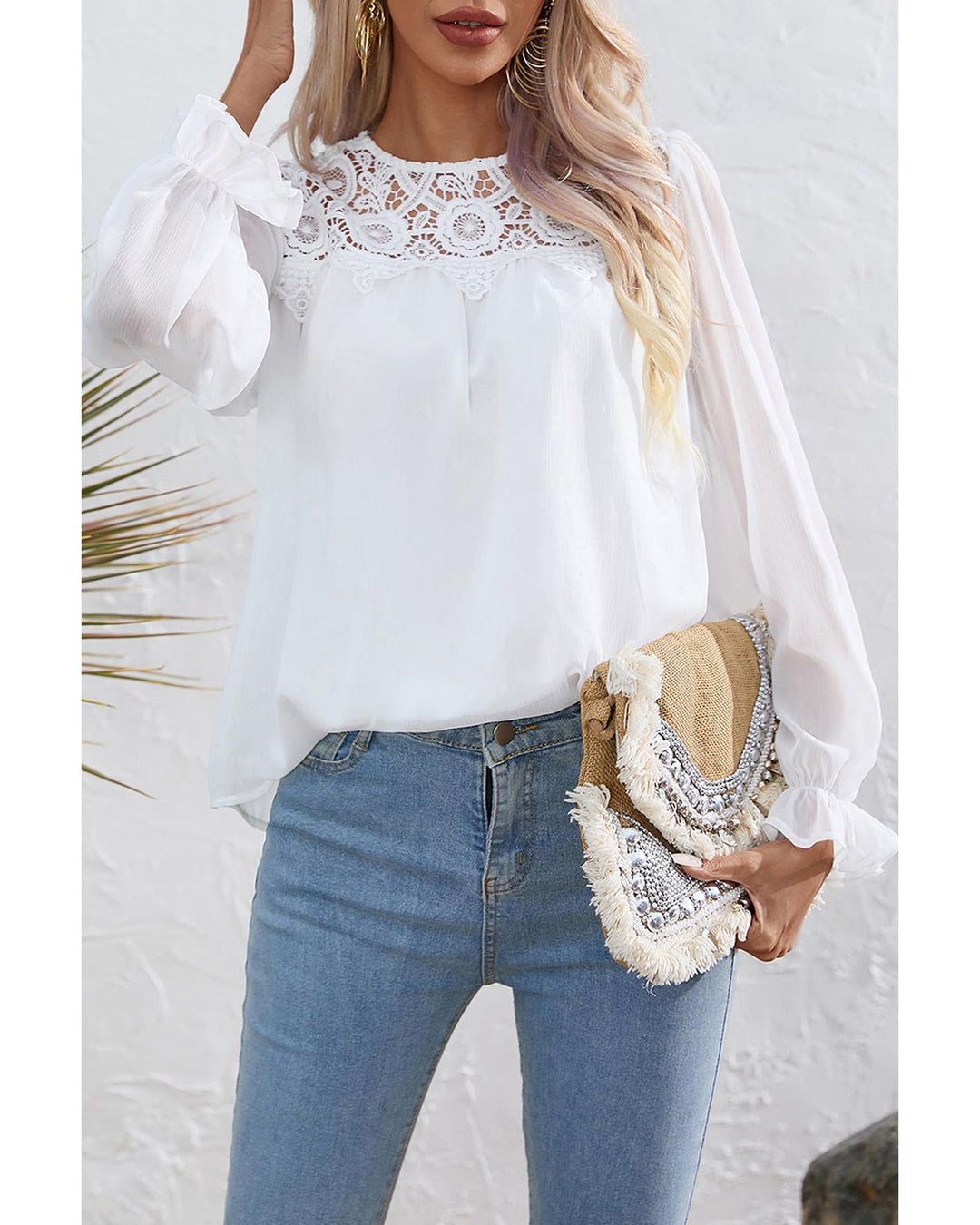 Azura Exchange Lace Patch Sheer Flounce Sleeve Blouse - M