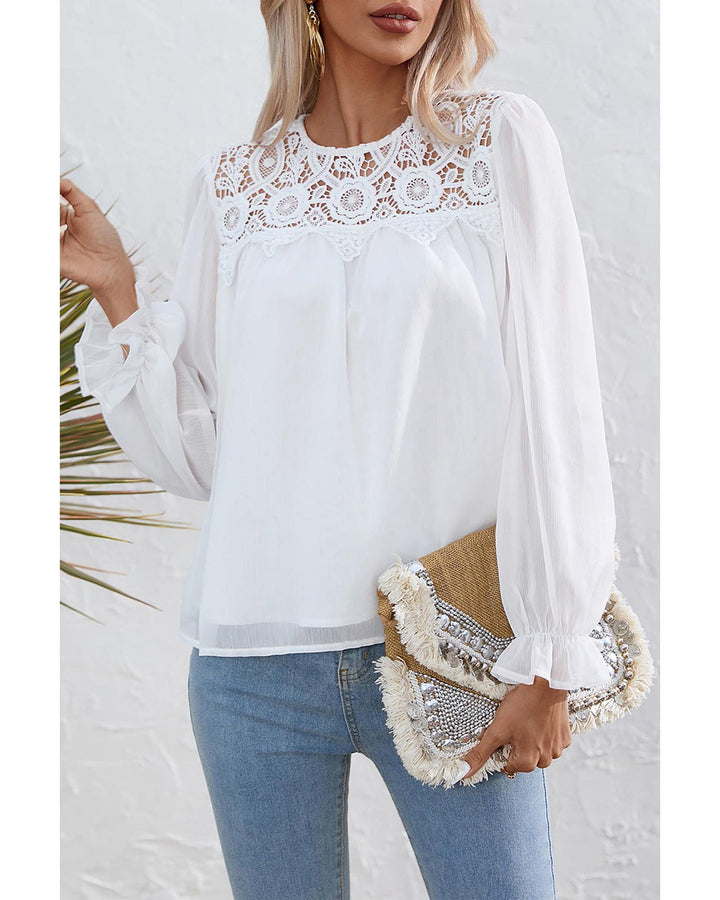 Azura Exchange Lace Patch Sheer Flounce Sleeve Blouse - S