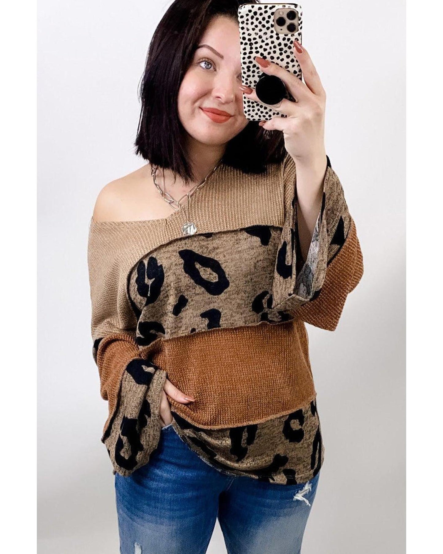 Azura Exchange Leopard Colorblock Patchwork Knit Top - S