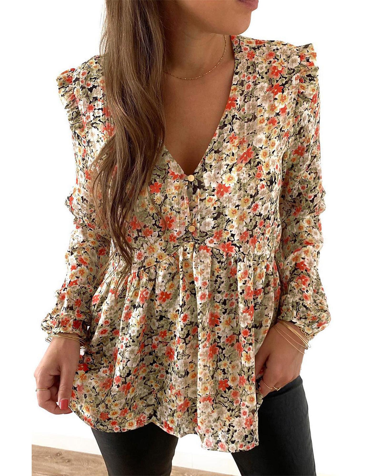 Azura Exchange Floral Ruffled Babydoll Blouse - S