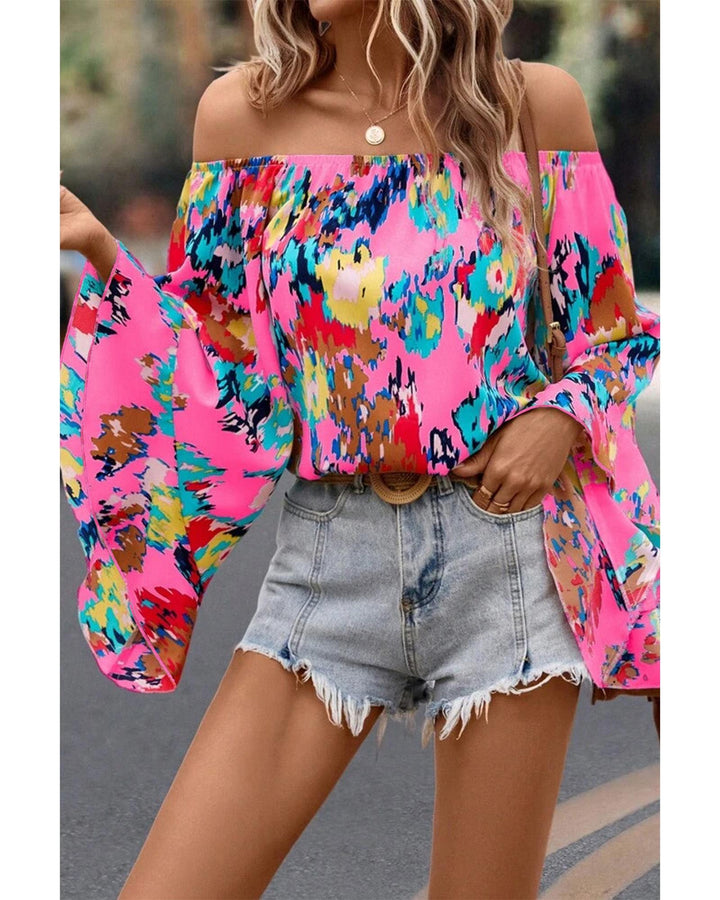 Azura Exchange Abstract Floral Print Off-shoulder Bell Sleeve Blouse - L