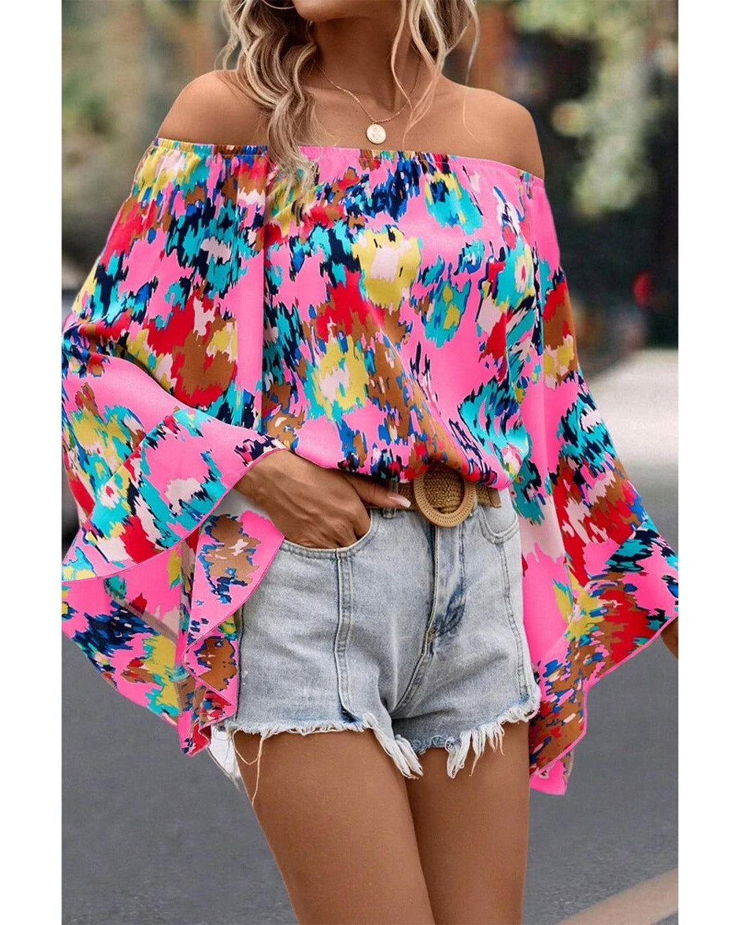 Azura Exchange Abstract Floral Print Off-shoulder Bell Sleeve Blouse - L