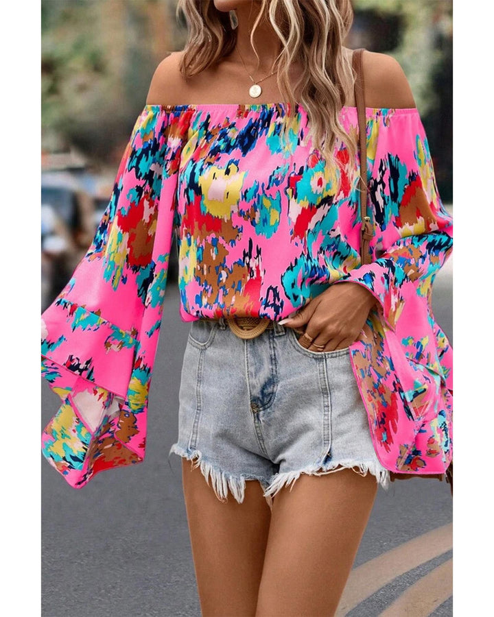 Azura Exchange Abstract Floral Print Off-shoulder Bell Sleeve Blouse - M