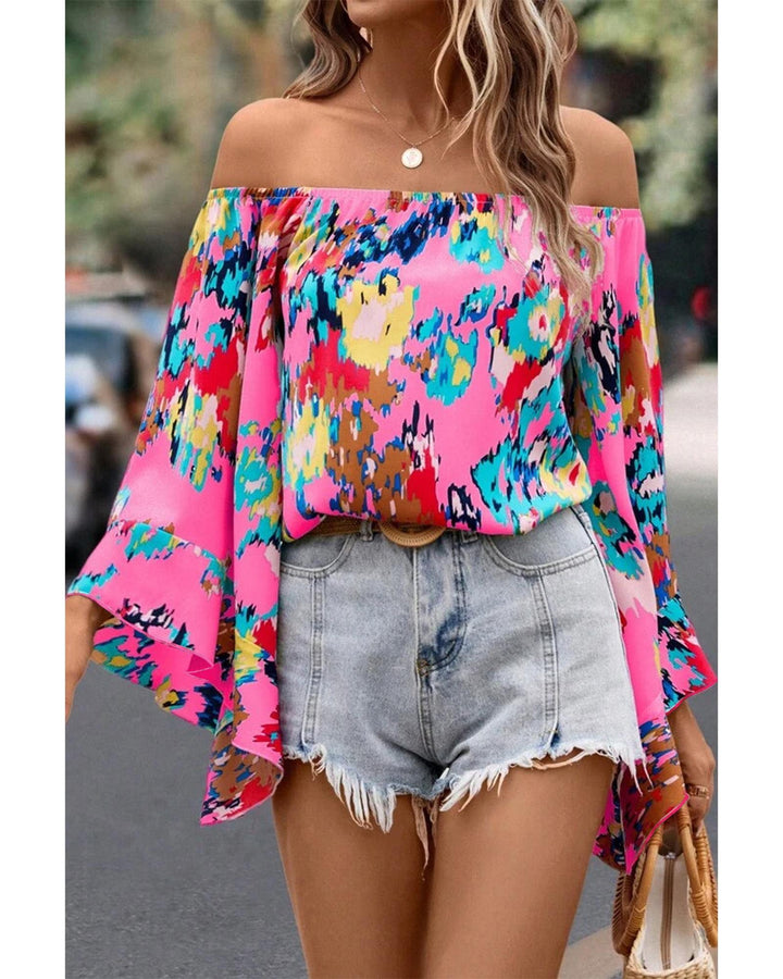 Azura Exchange Abstract Floral Print Off-shoulder Bell Sleeve Blouse - M