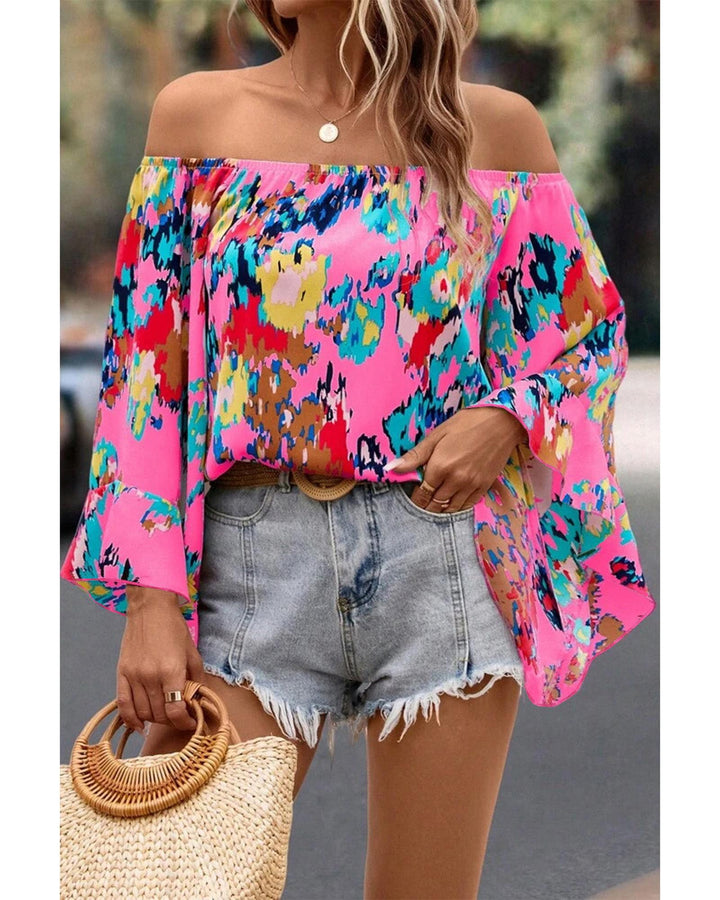 Azura Exchange Abstract Floral Print Off-shoulder Bell Sleeve Blouse - XL