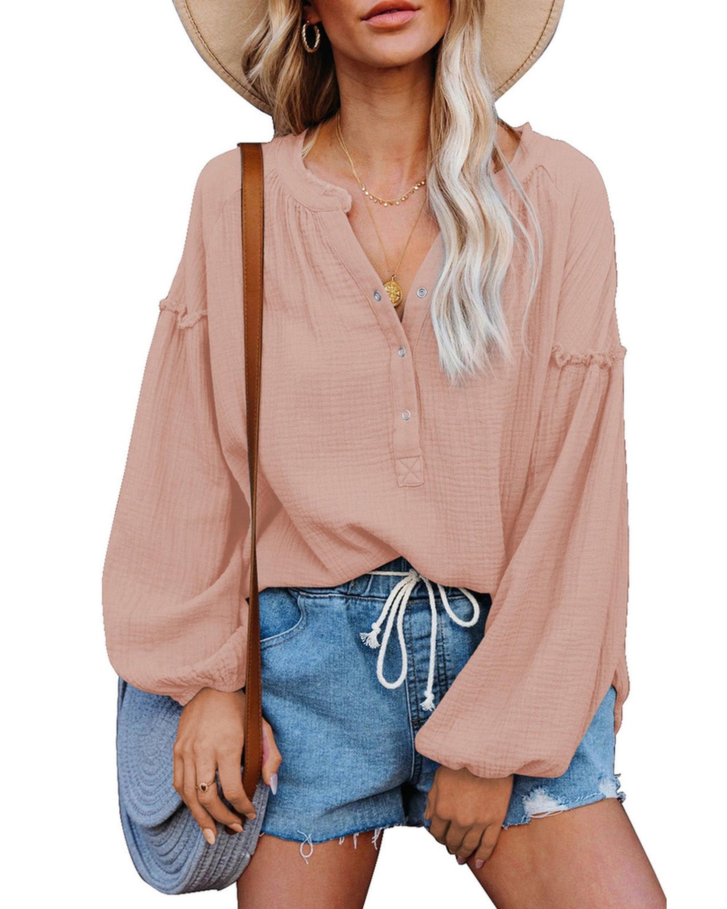 Azura Exchange Crinkled Top with Balloon Sleeves - L