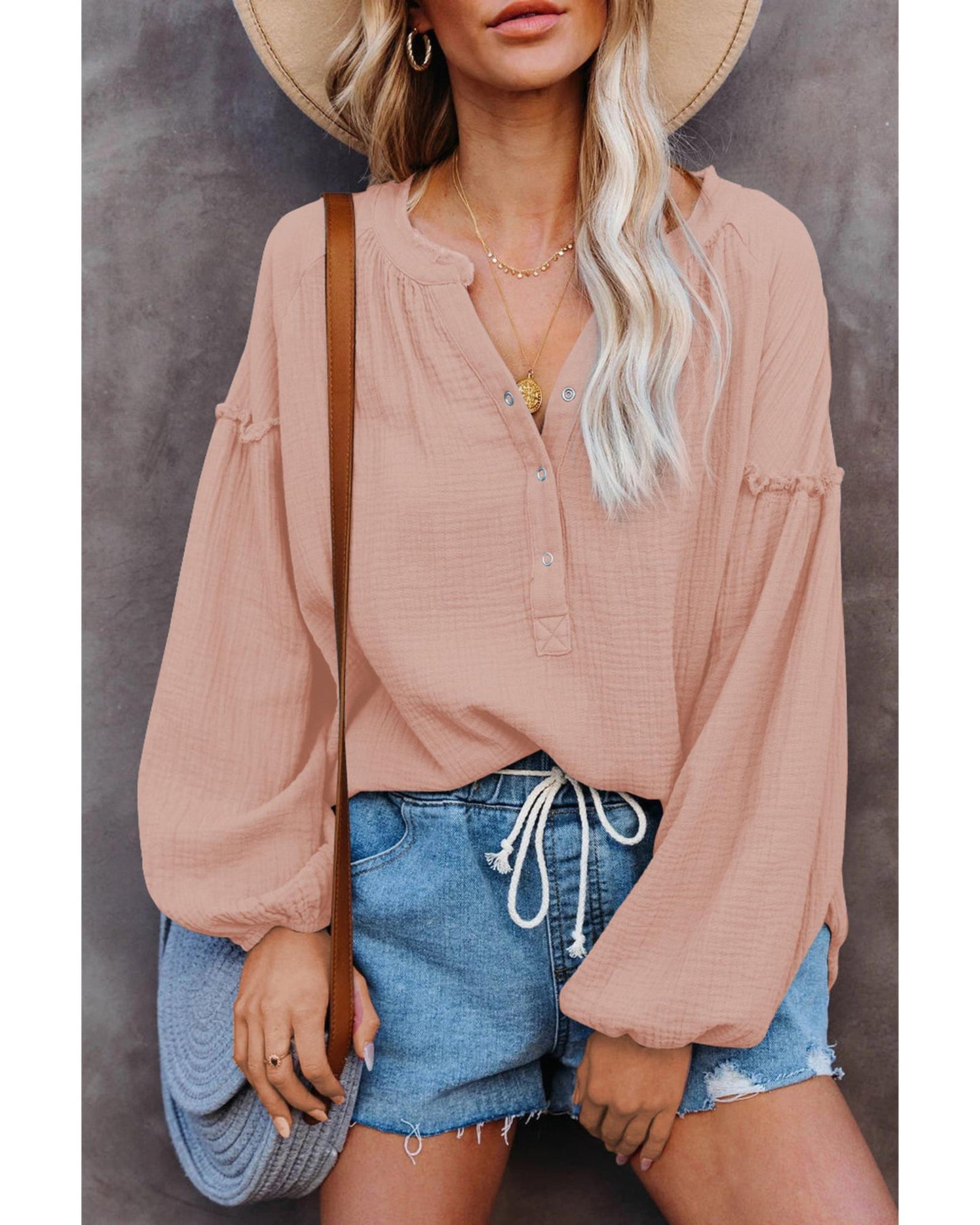 Azura Exchange Crinkled Top with Balloon Sleeves - L