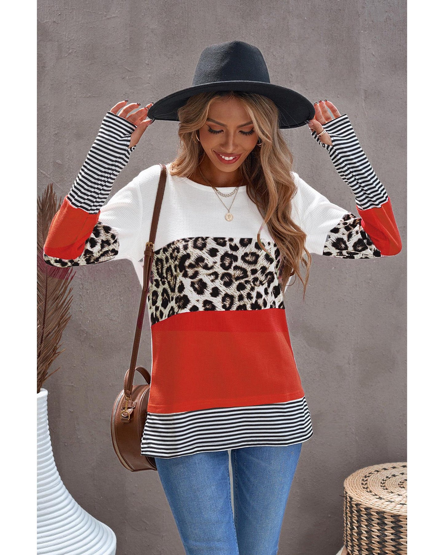 Azura Exchange Leopard Colorblock Long Sleeve Top - XL