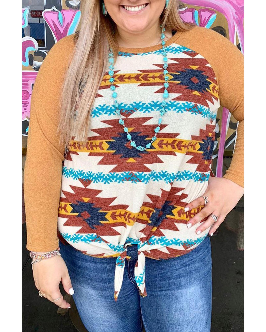 Azura Exchange Orange Aztec Print Raglan Long Sleeve Top - 5X