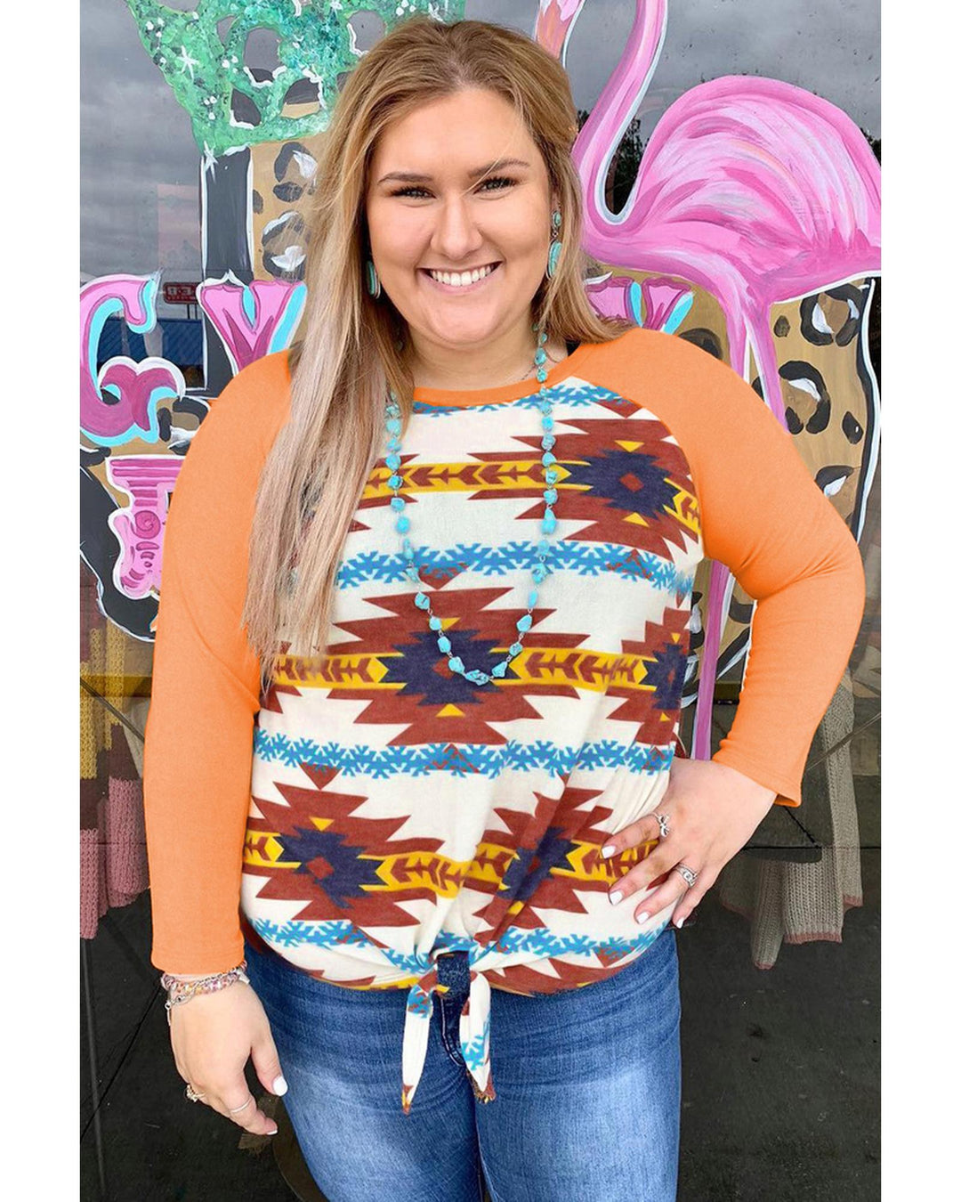 Azura Exchange Orange Aztec Print Raglan Long Sleeve Top - 5X