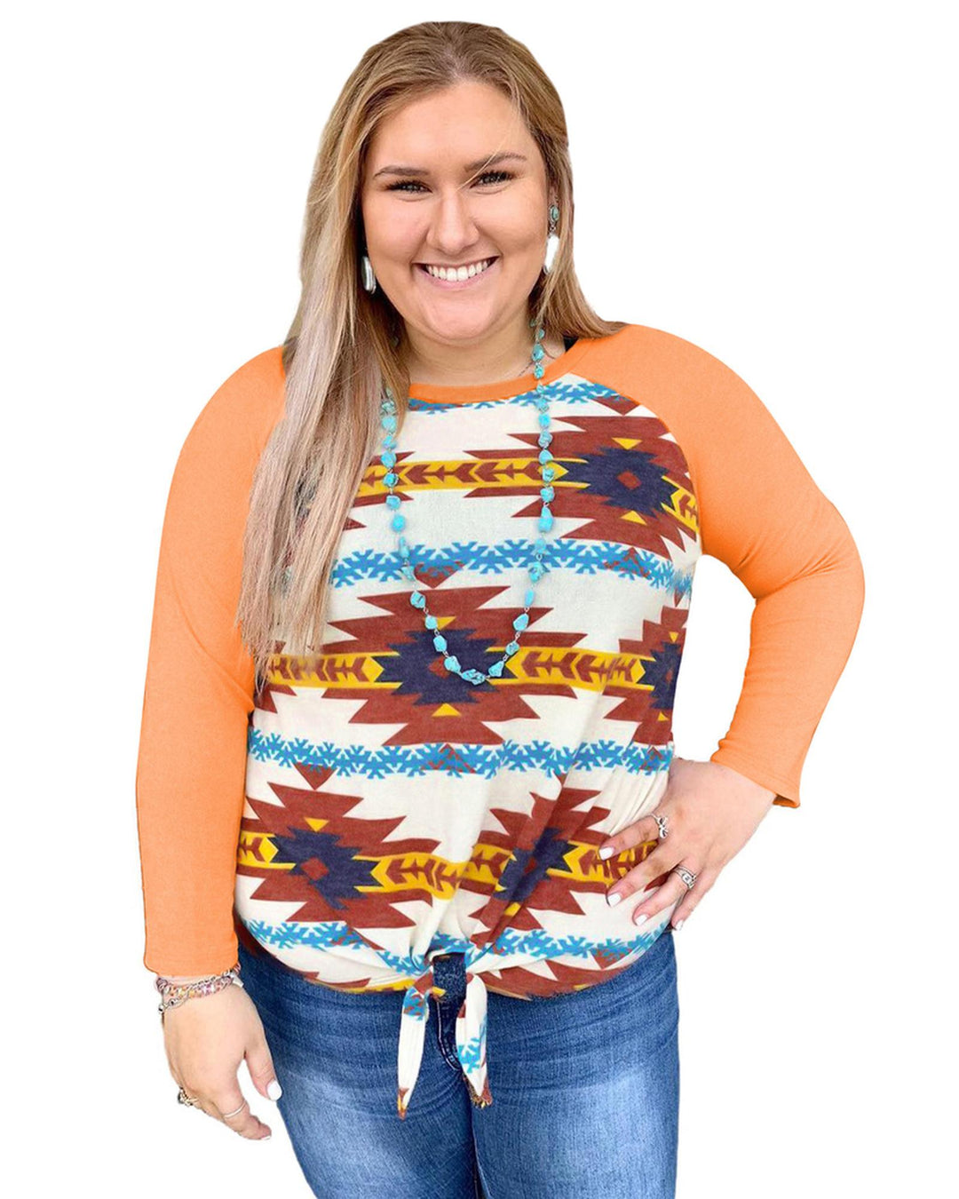 Azura Exchange Orange Aztec Print Raglan Long Sleeve Top - 5X