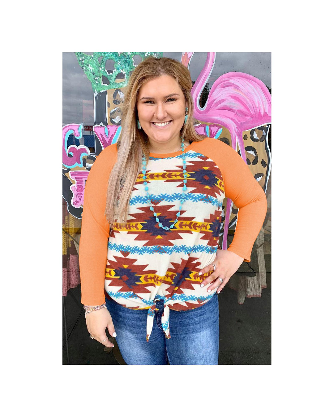 Azura Exchange Orange Aztec Print Raglan Long Sleeve Top - 5X