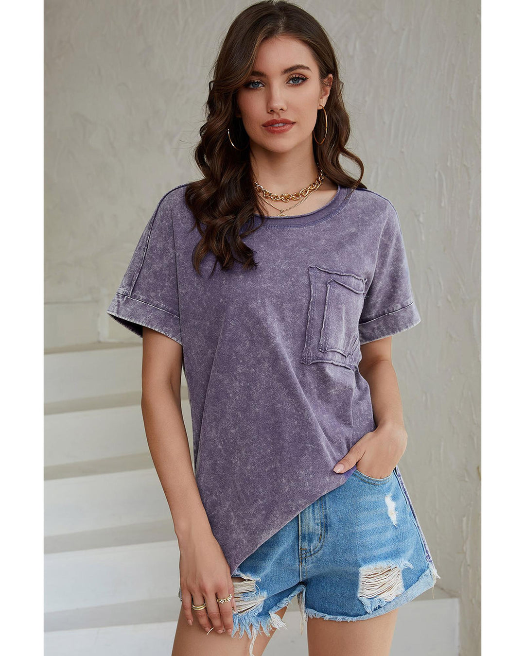 Azura Exchange Mineral Wash Pocketed Tee with Slits - L