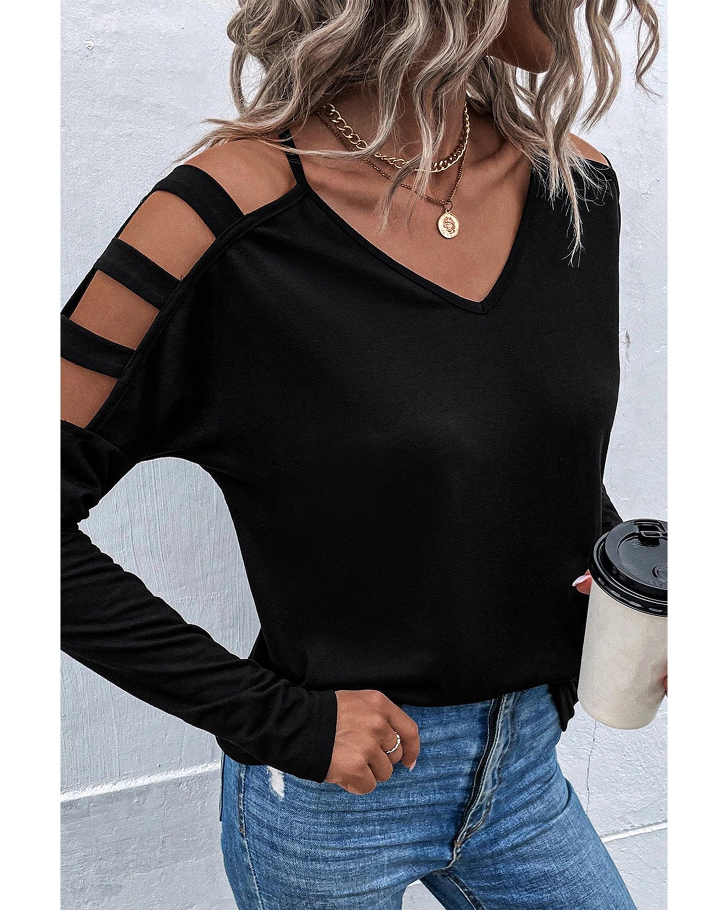 Azura Exchange Cold Shoulder Cut Out Long Sleeve Top - L