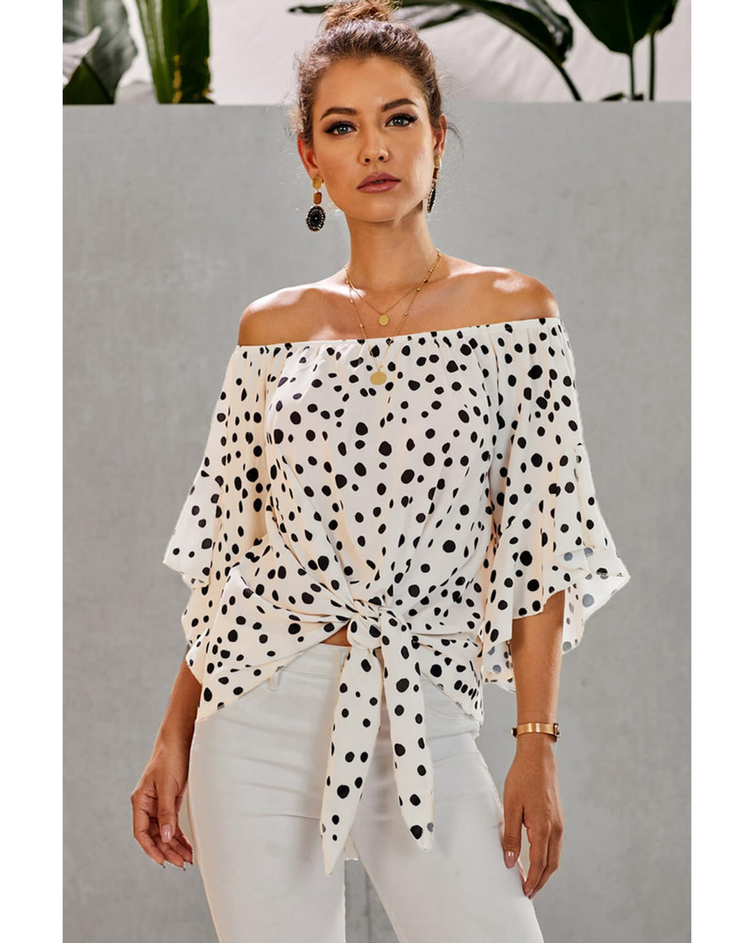 Azura Exchange Polka Dot Bell Sleeve Off Shoulder Top - L