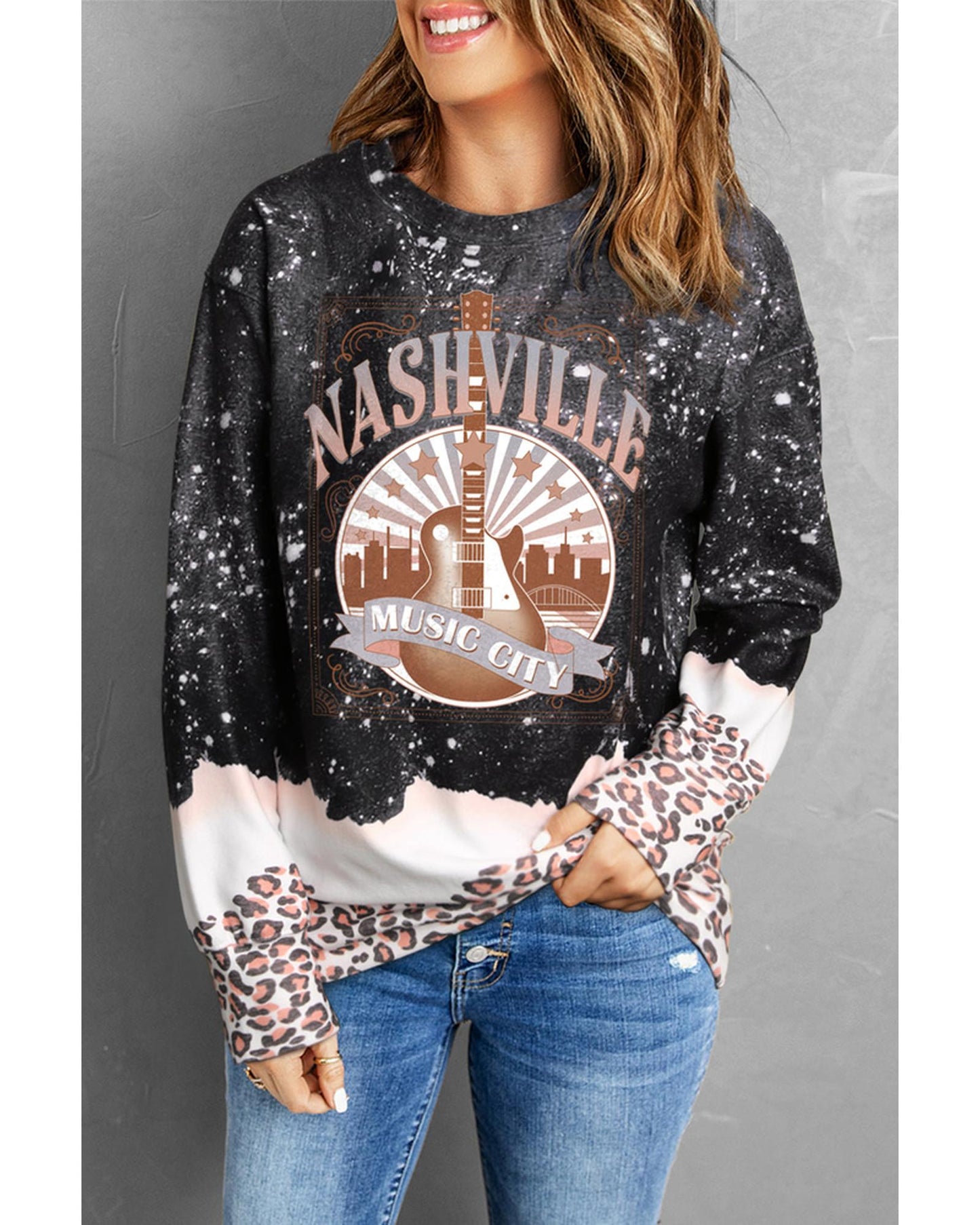 Azura Exchange Music City Guitar Leopard Color Block Sweatshirt - XL