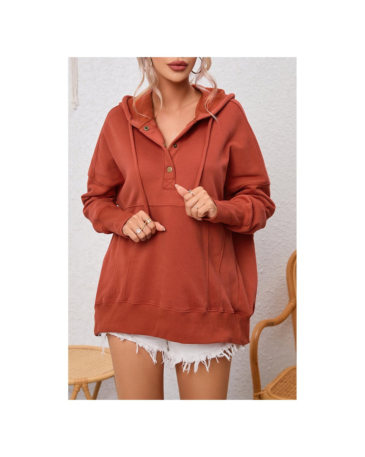 Azura Exchange Oversized Snap Button Hoodie with Thumb Hole in Orange - M