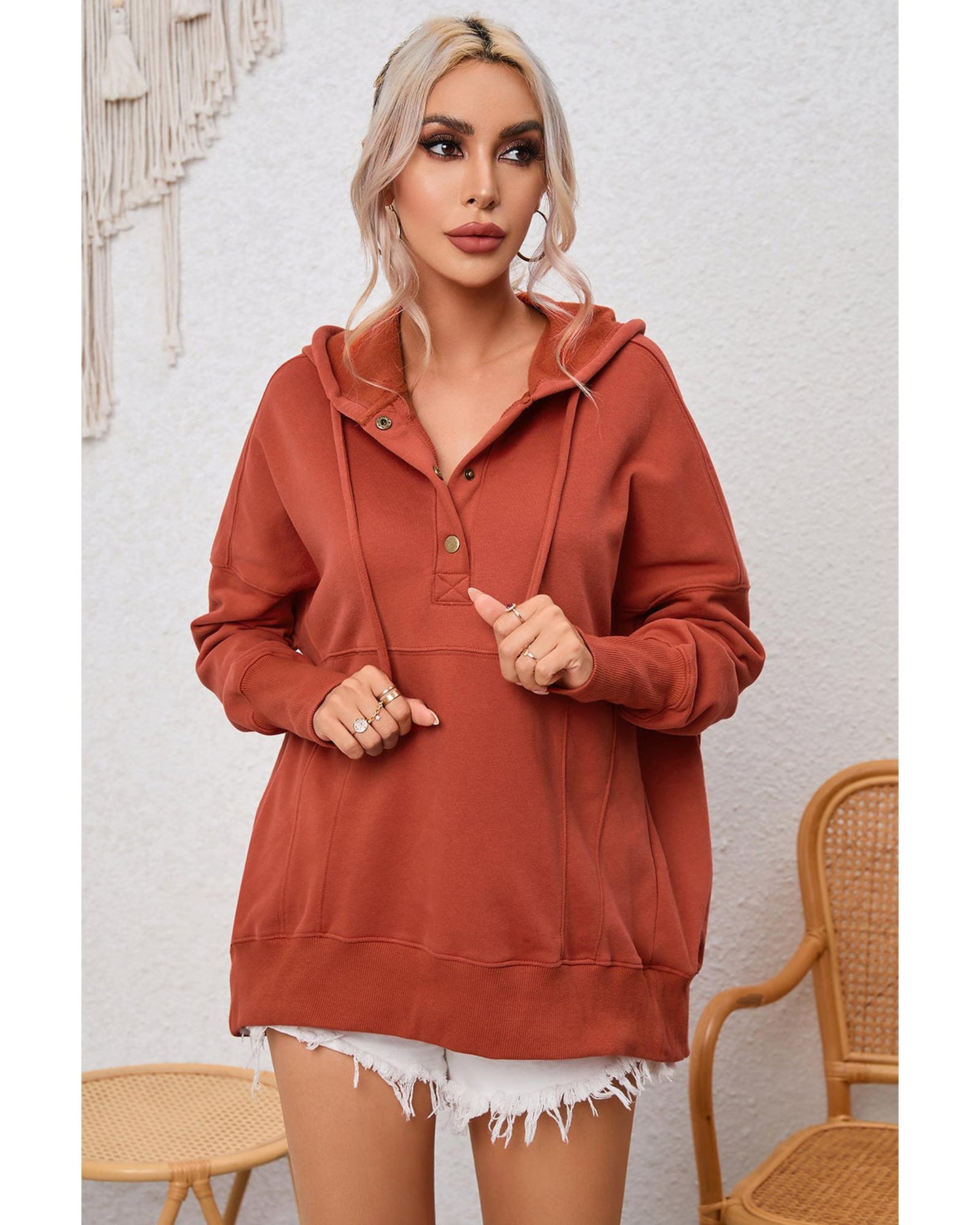 Azura Exchange Oversized Snap Button Hoodie with Thumb Hole in Orange - M