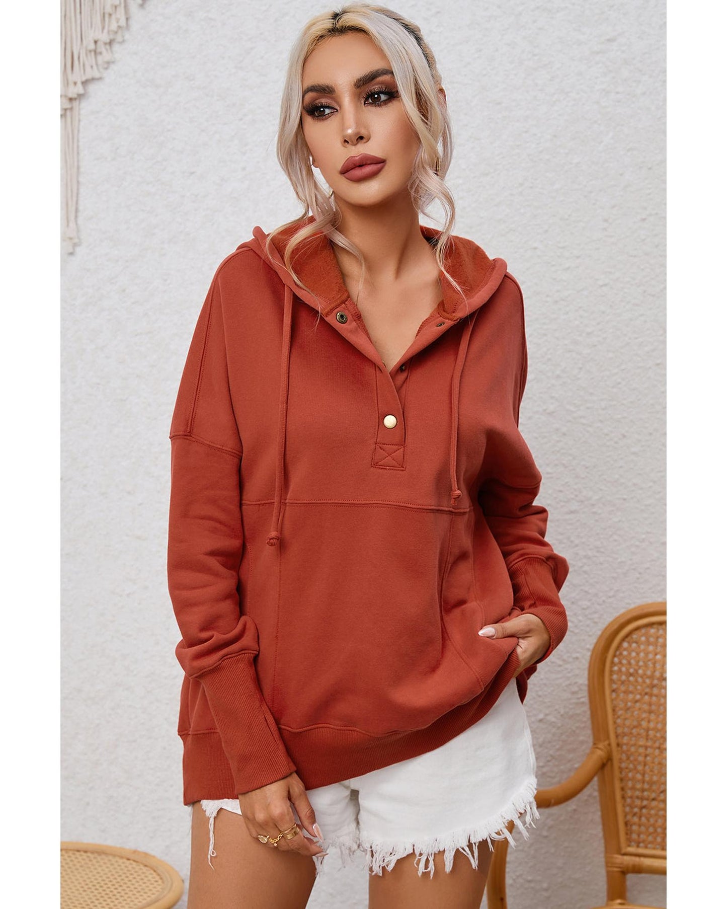 Azura Exchange Oversized Snap Button Hoodie with Thumb Hole in Orange - M