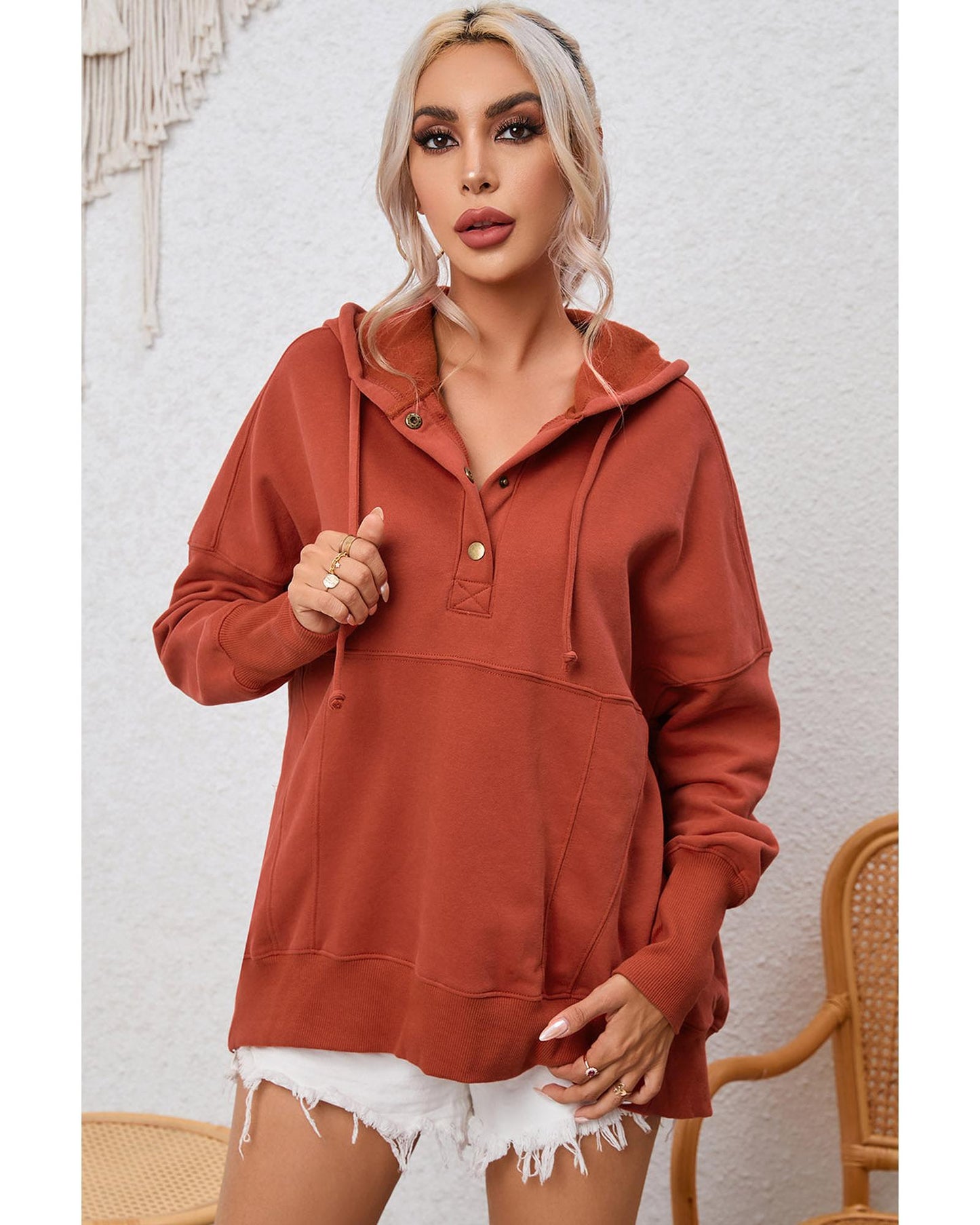 Azura Exchange Oversized Snap Button Hoodie with Thumb Hole in Orange - M