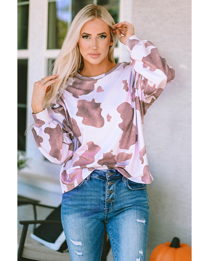 Azura Exchange Cow Spots Print Puff Sleeve Sweatshirt - L