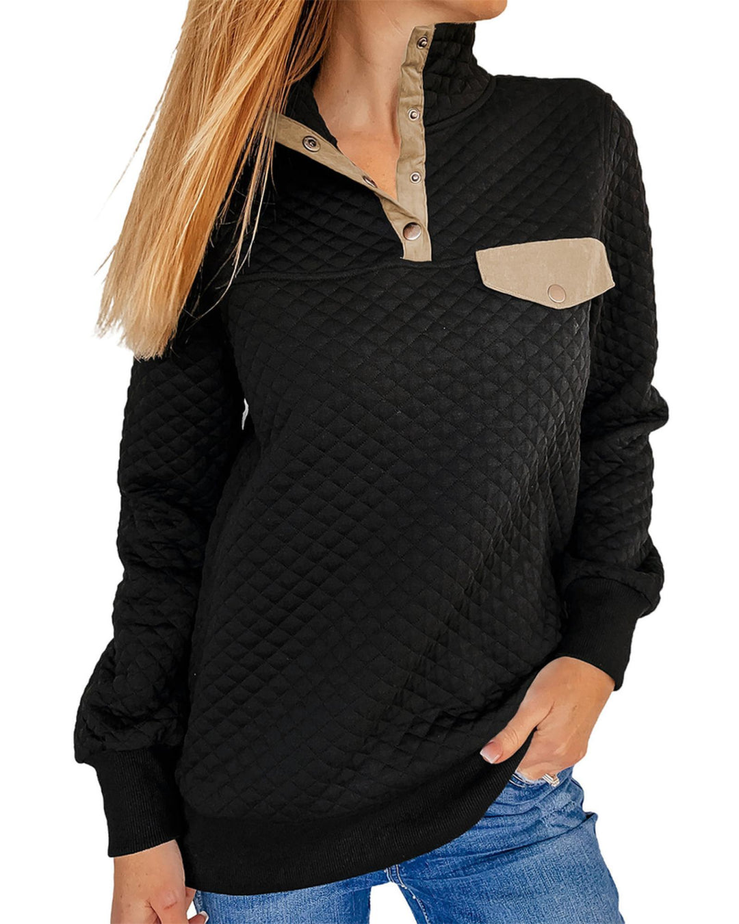 Azura Exchange Quilted Stand Neck Sweatshirt with Fake Front Pocket - XL