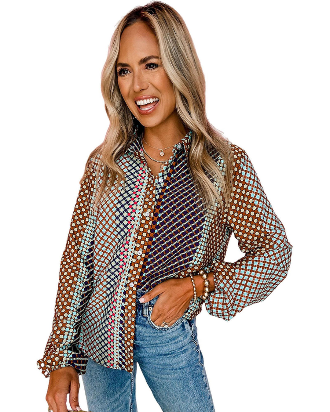 Azura Exchange Long Sleeve Dot Print Button Down Shirt - M