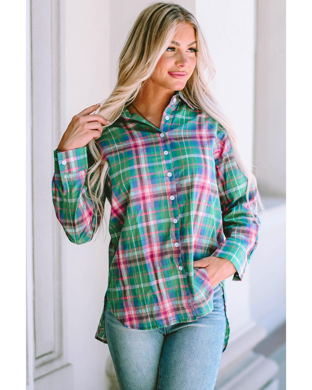 Azura Exchange Plaid Button Down Split Shirt - S