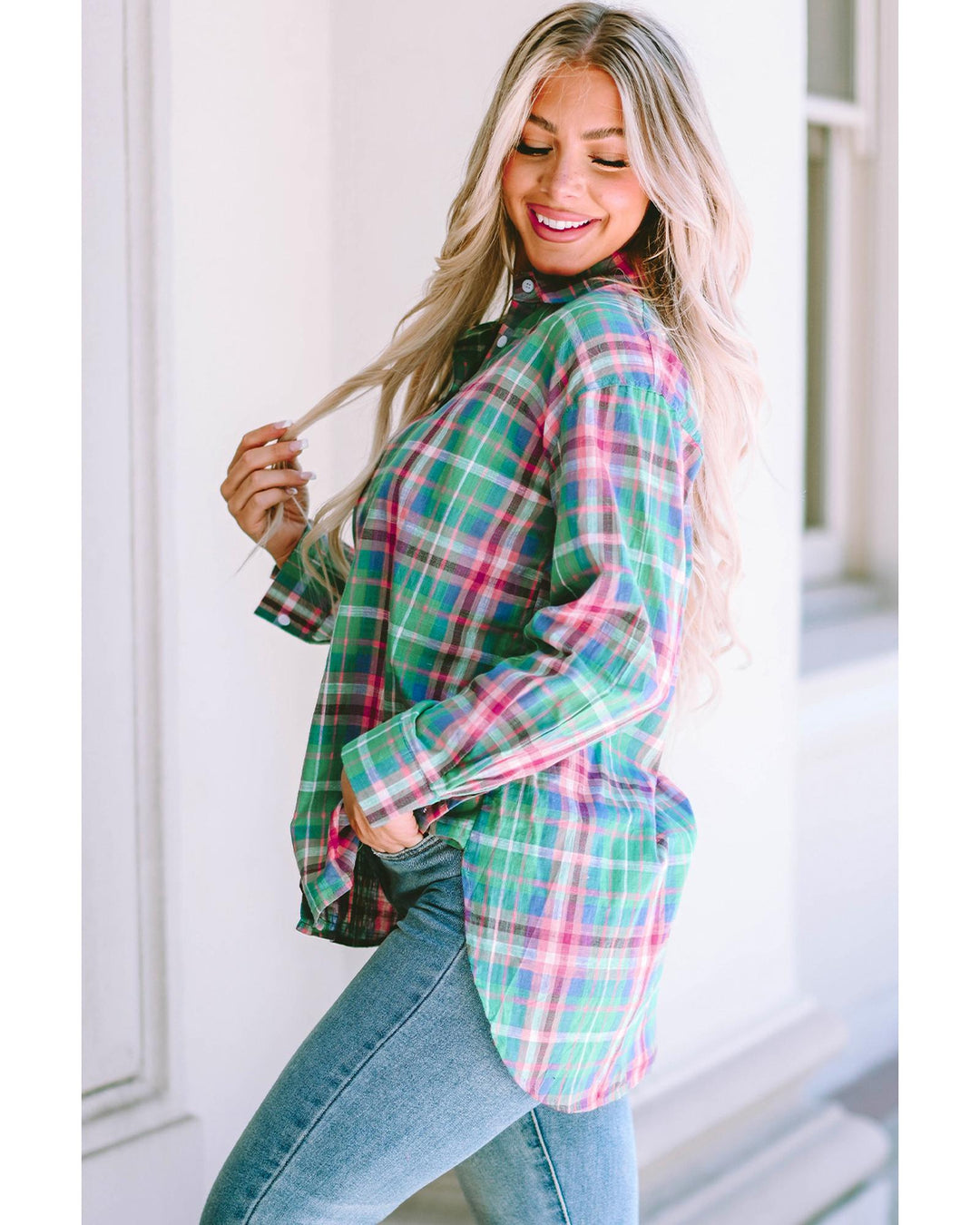 Azura Exchange Plaid Button Down Split Shirt - S