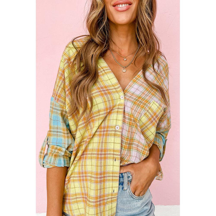 Azura Exchange Mixed Plaid Long Sleeve V Neck Buttoned Shirt - S