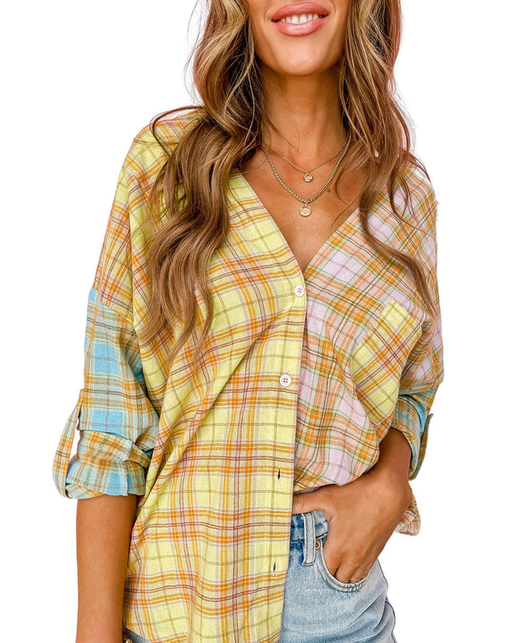 Azura Exchange Mixed Plaid Long Sleeve V Neck Buttoned Shirt - S