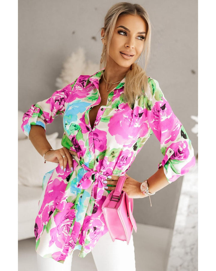 Azura Exchange Floral Print Lace-up Tunic Shirt - S