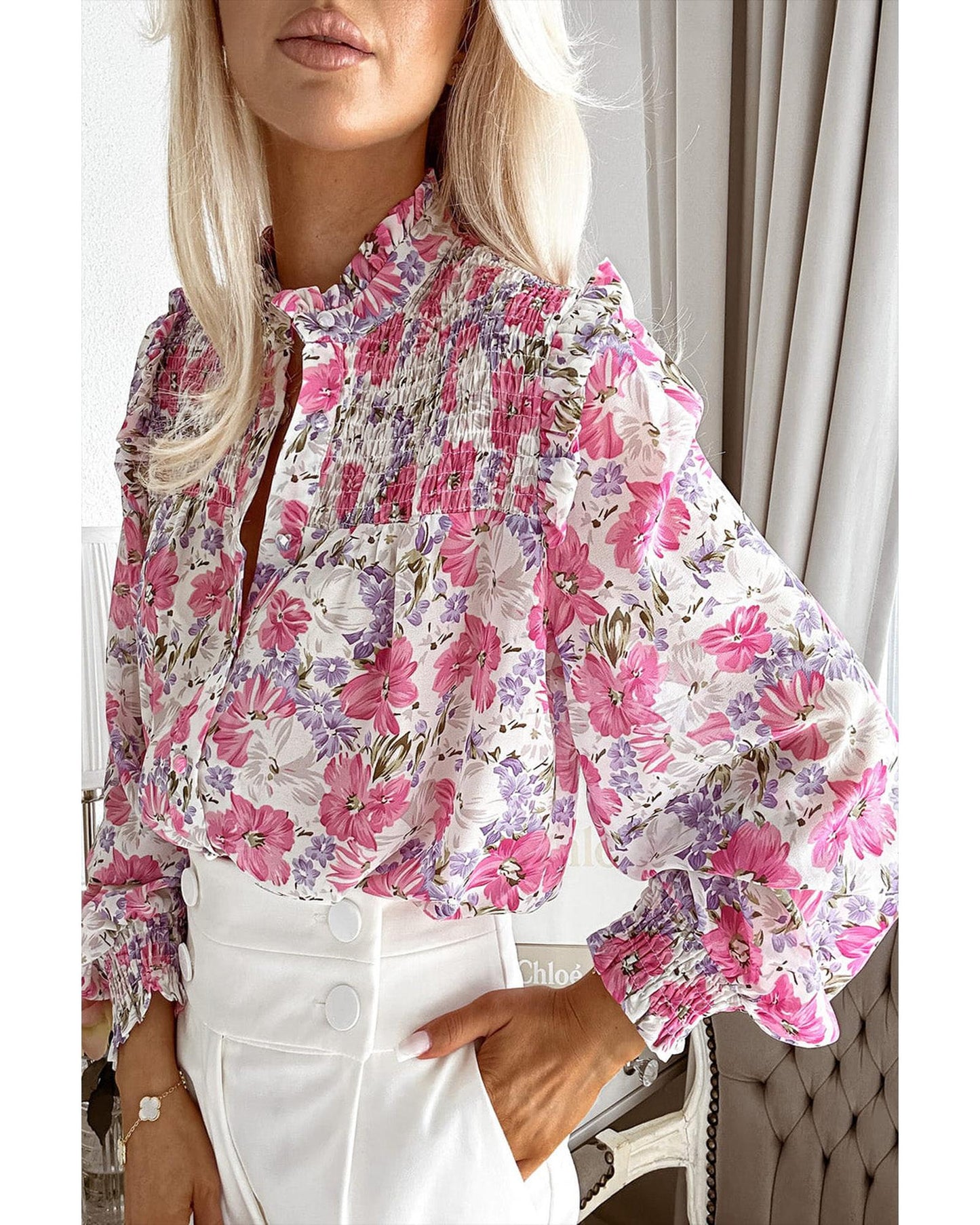 Azura Exchange Frilled Collar Floral Bubble Sleeve Shirt - M