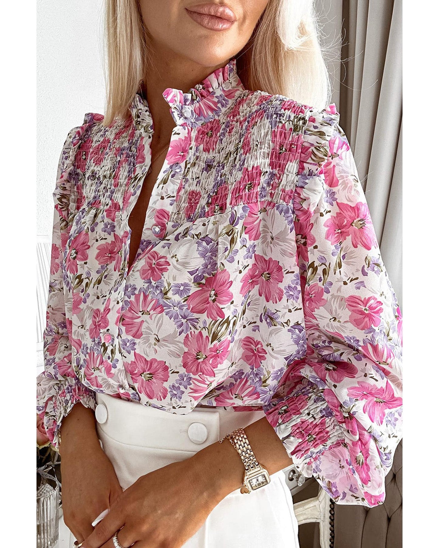 Azura Exchange Frilled Collar Floral Bubble Sleeve Shirt - M