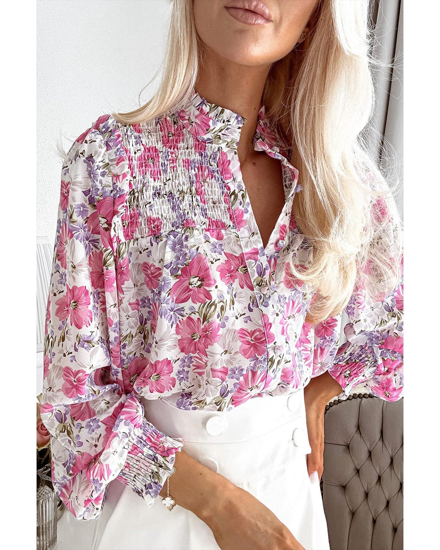 Azura Exchange Frilled Collar Floral Bubble Sleeve Shirt - M