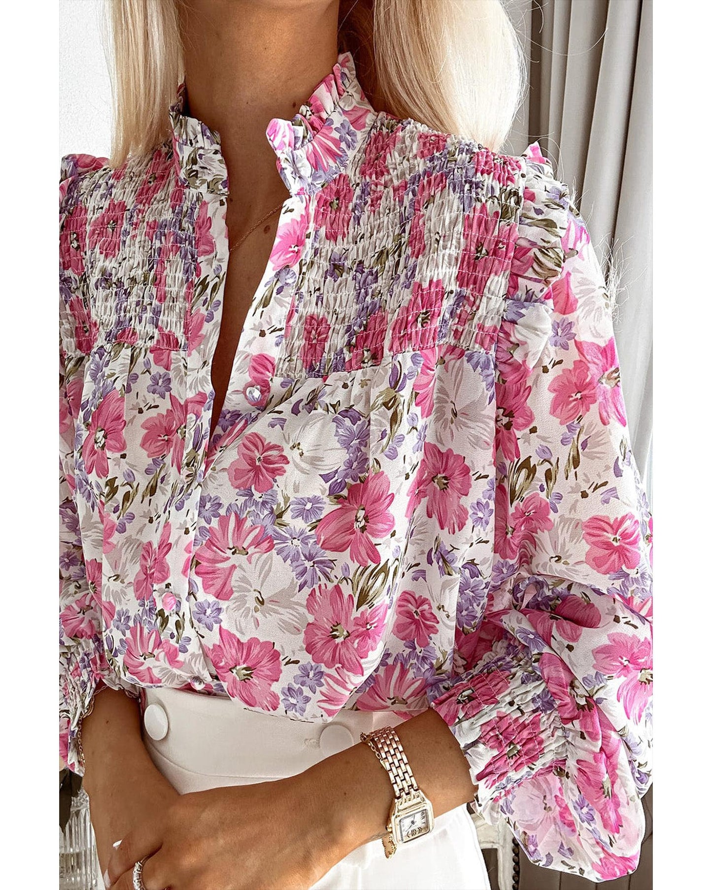 Azura Exchange Frilled Collar Floral Bubble Sleeve Shirt - M