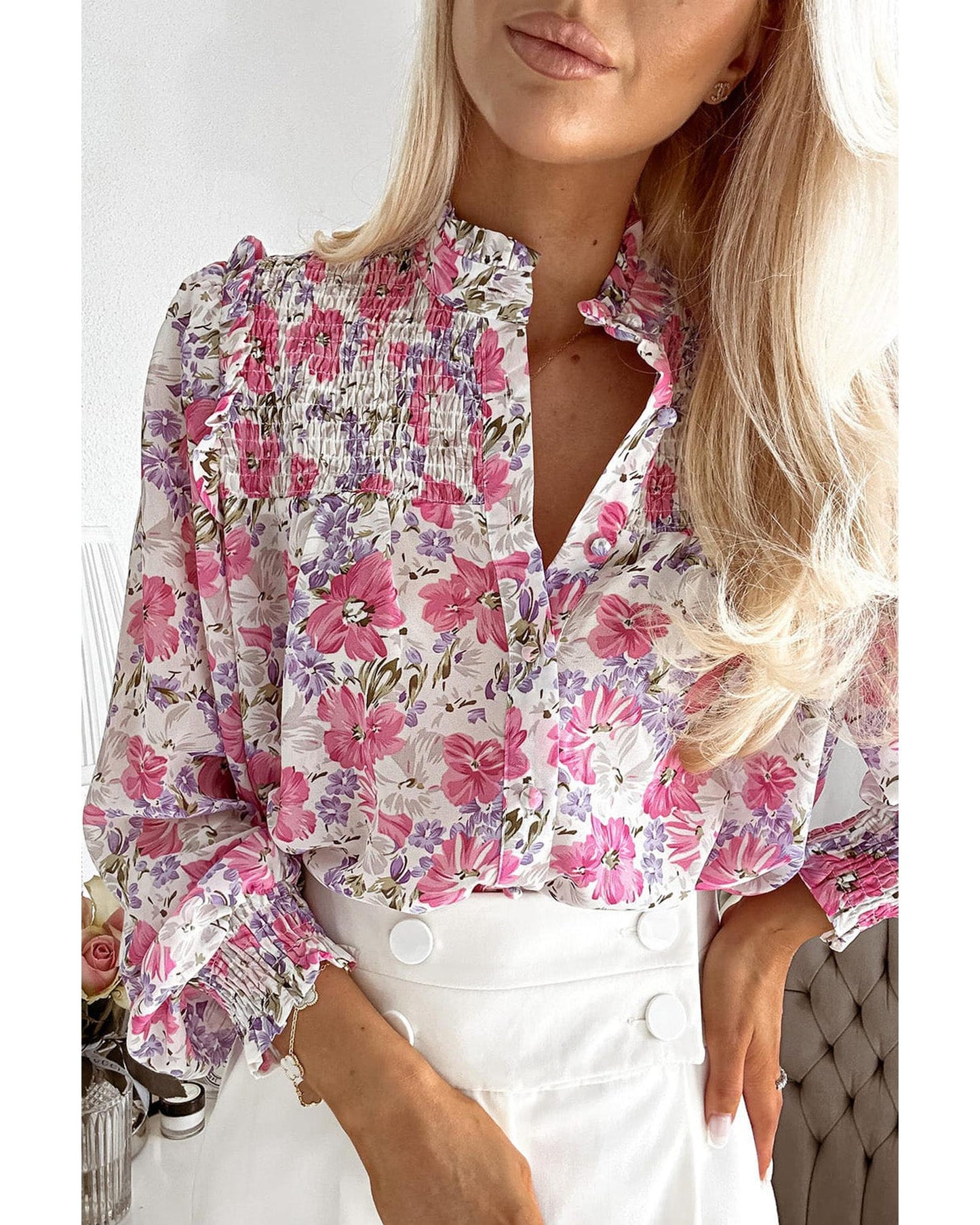 Azura Exchange Frilled Collar Floral Bubble Sleeve Shirt - M