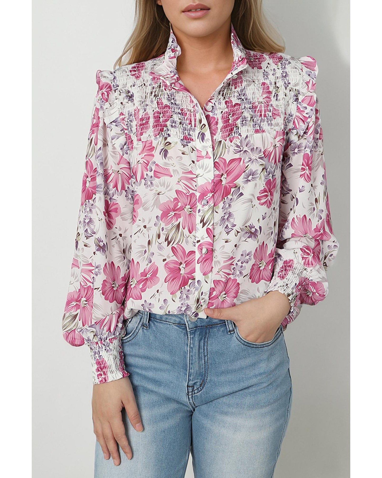 Azura Exchange Frilled Collar Floral Bubble Sleeve Shirt - M