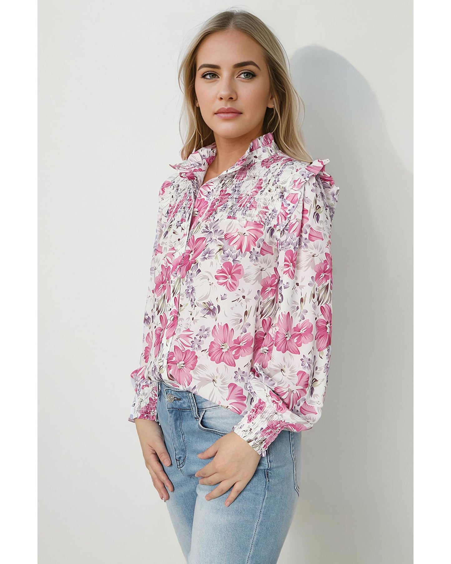 Azura Exchange Frilled Collar Floral Bubble Sleeve Shirt - M