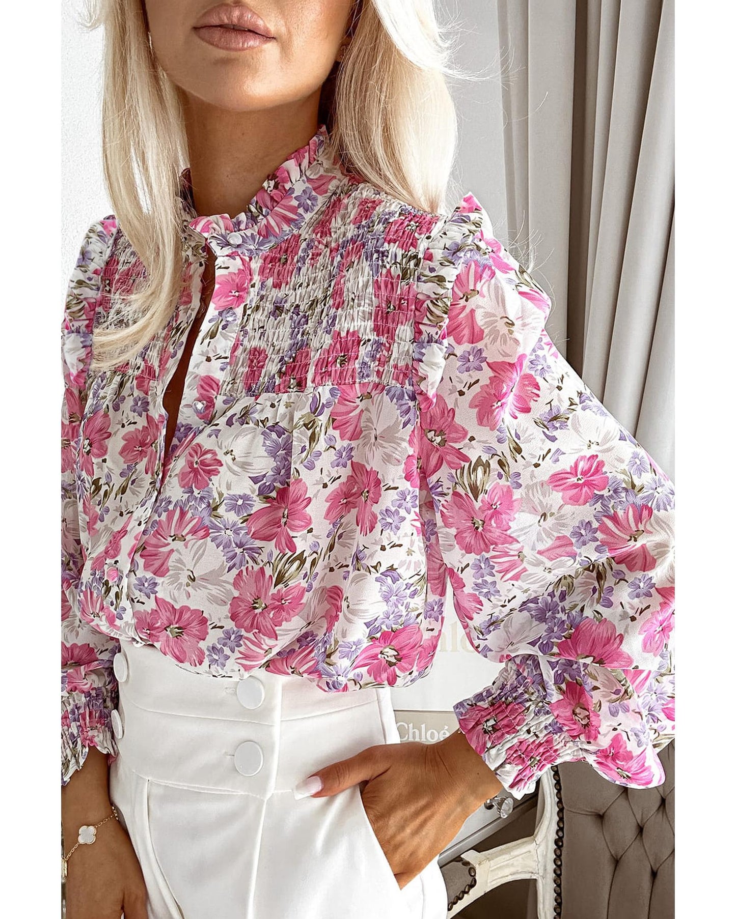 Azura Exchange Frilled Collar Floral Bubble Sleeve Shirt - M