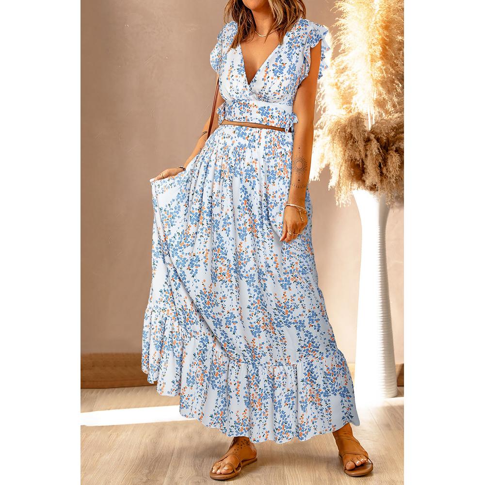 Azura Exchange Floral Ruffled Crop Top and Maxi Skirt Set - L