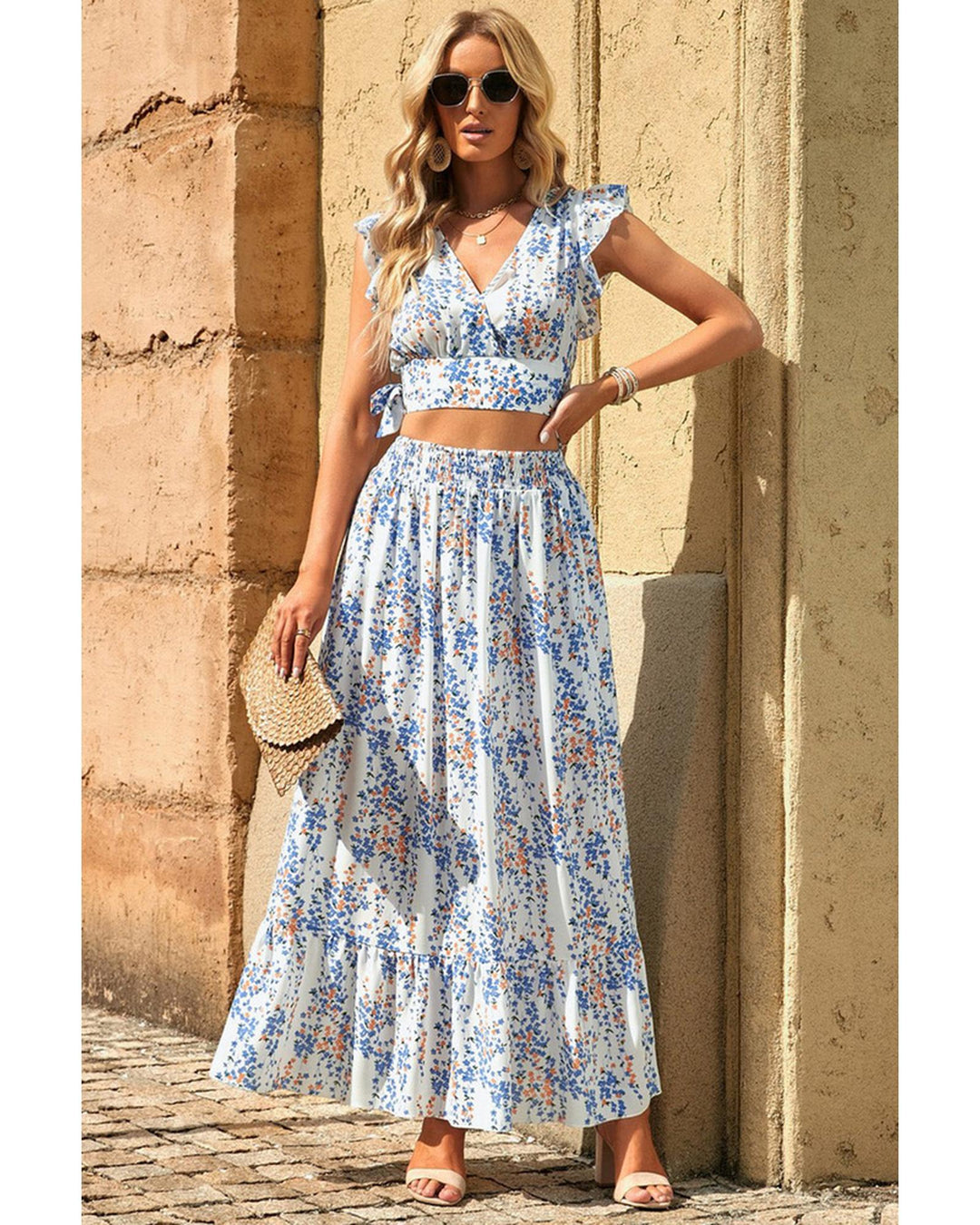 Azura Exchange Floral Ruffled Crop Top and Maxi Skirt Set - L