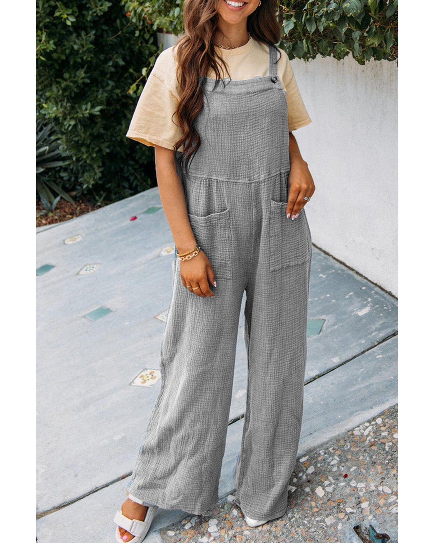 Azura Exchange Textured Wide Leg Overall with Pockets - L