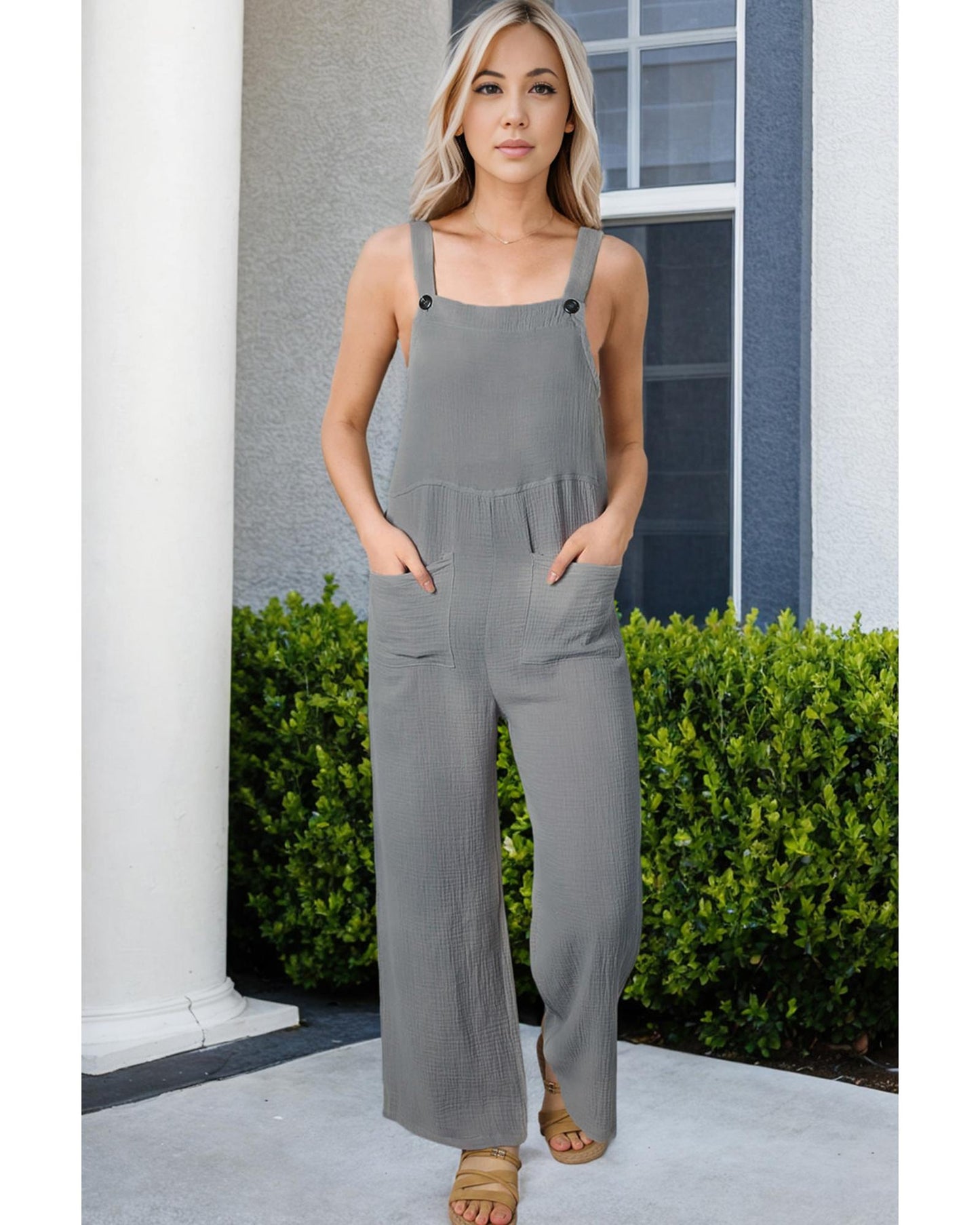 Azura Exchange Textured Wide Leg Overall with Pockets - L