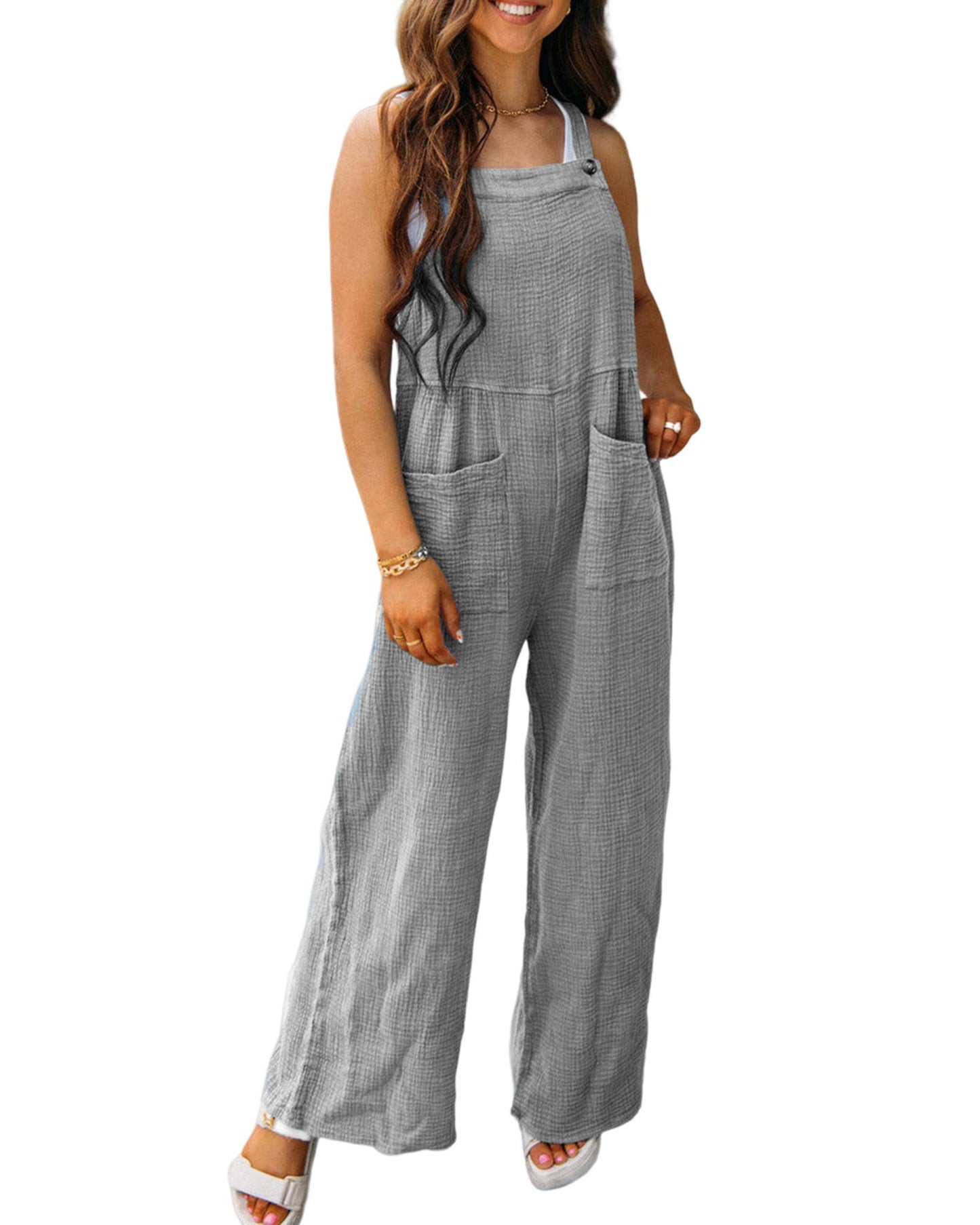 Azura Exchange Textured Wide Leg Overall with Pockets - M