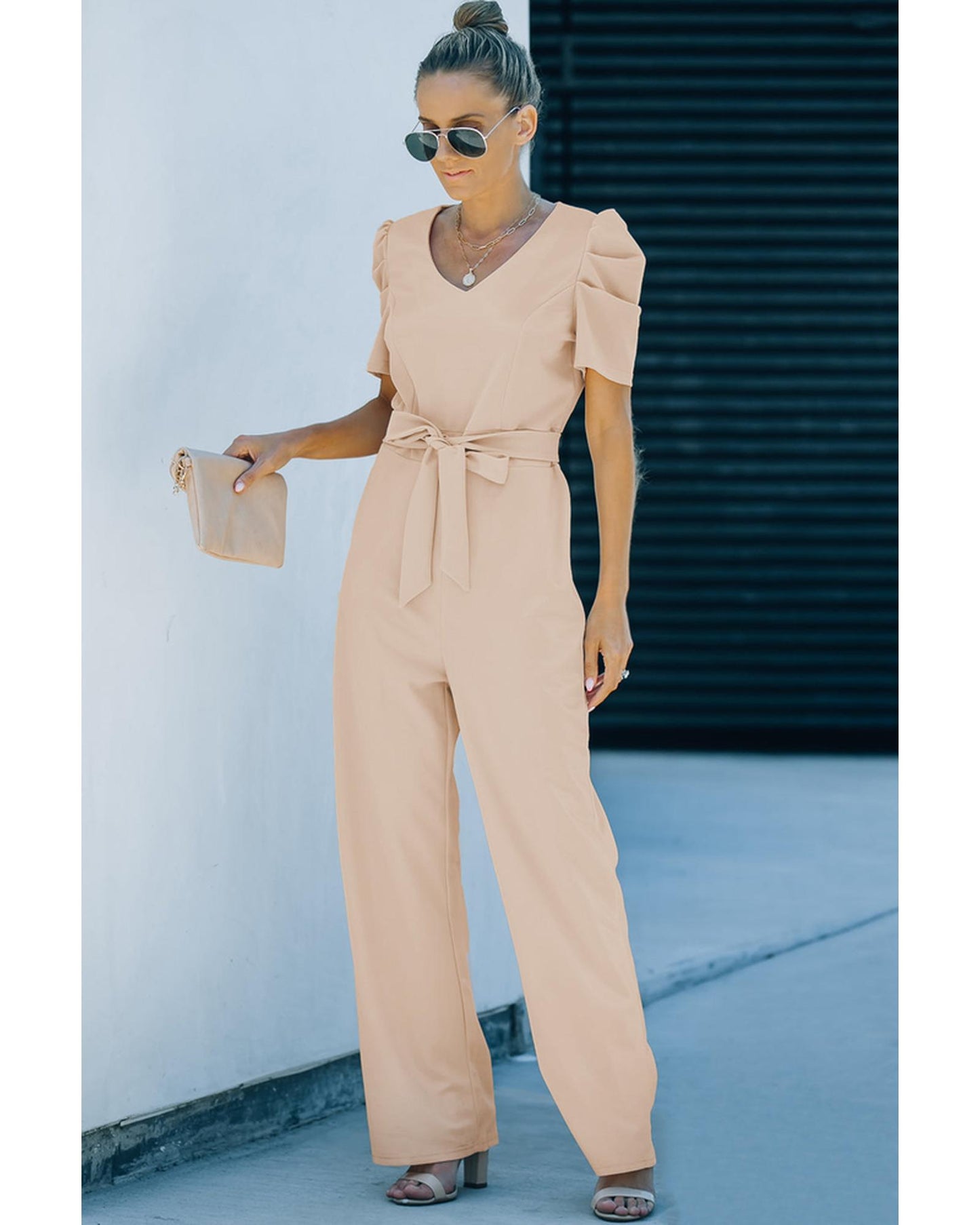 Azura Exchange Knotted High Waist Short Sleeve Jumpsuit - L