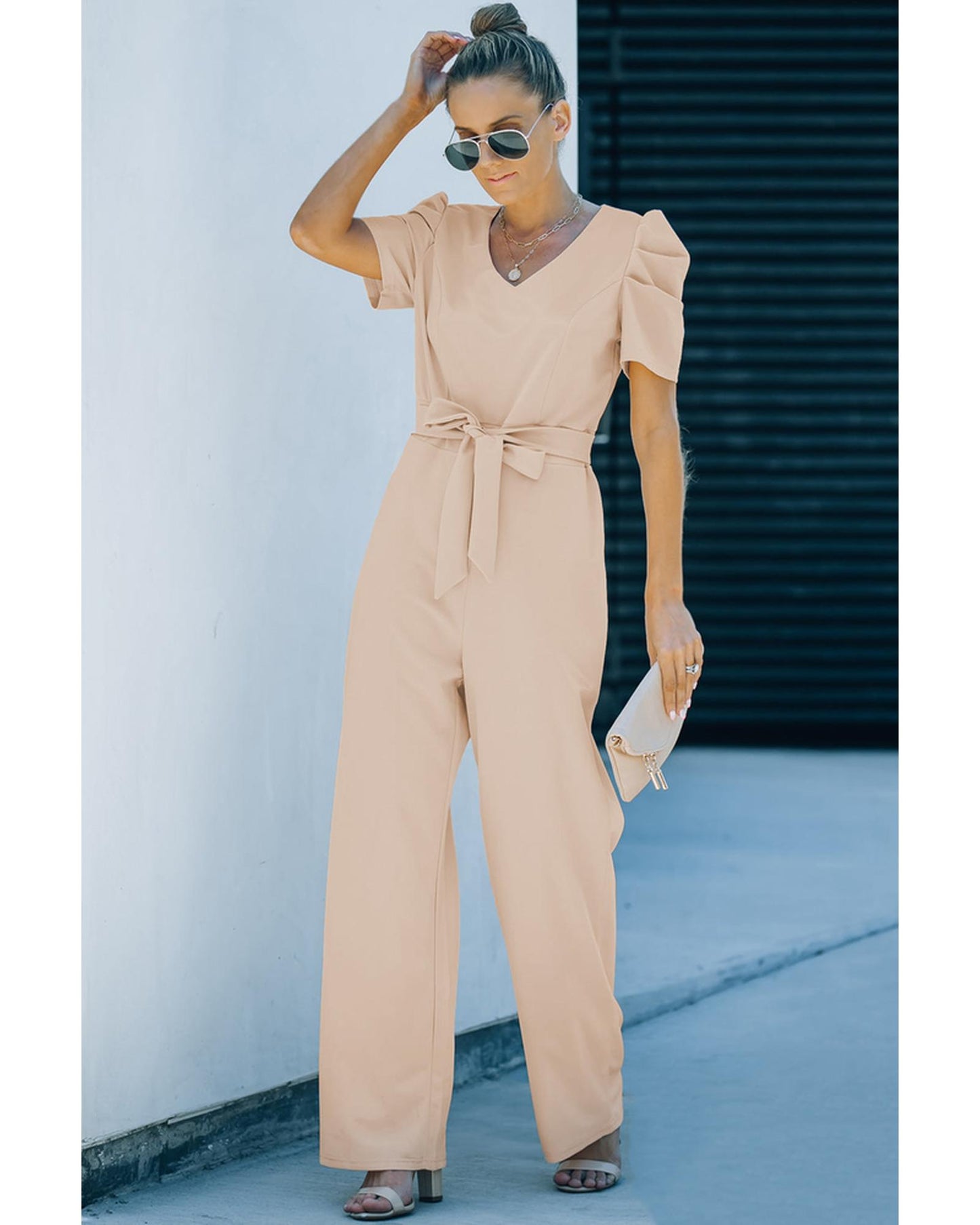 Azura Exchange Knotted High Waist Short Sleeve Jumpsuit - L