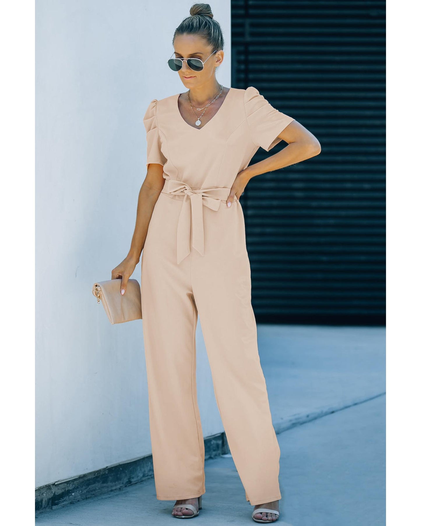 Azura Exchange Knotted High Waist Short Sleeve Jumpsuit - L