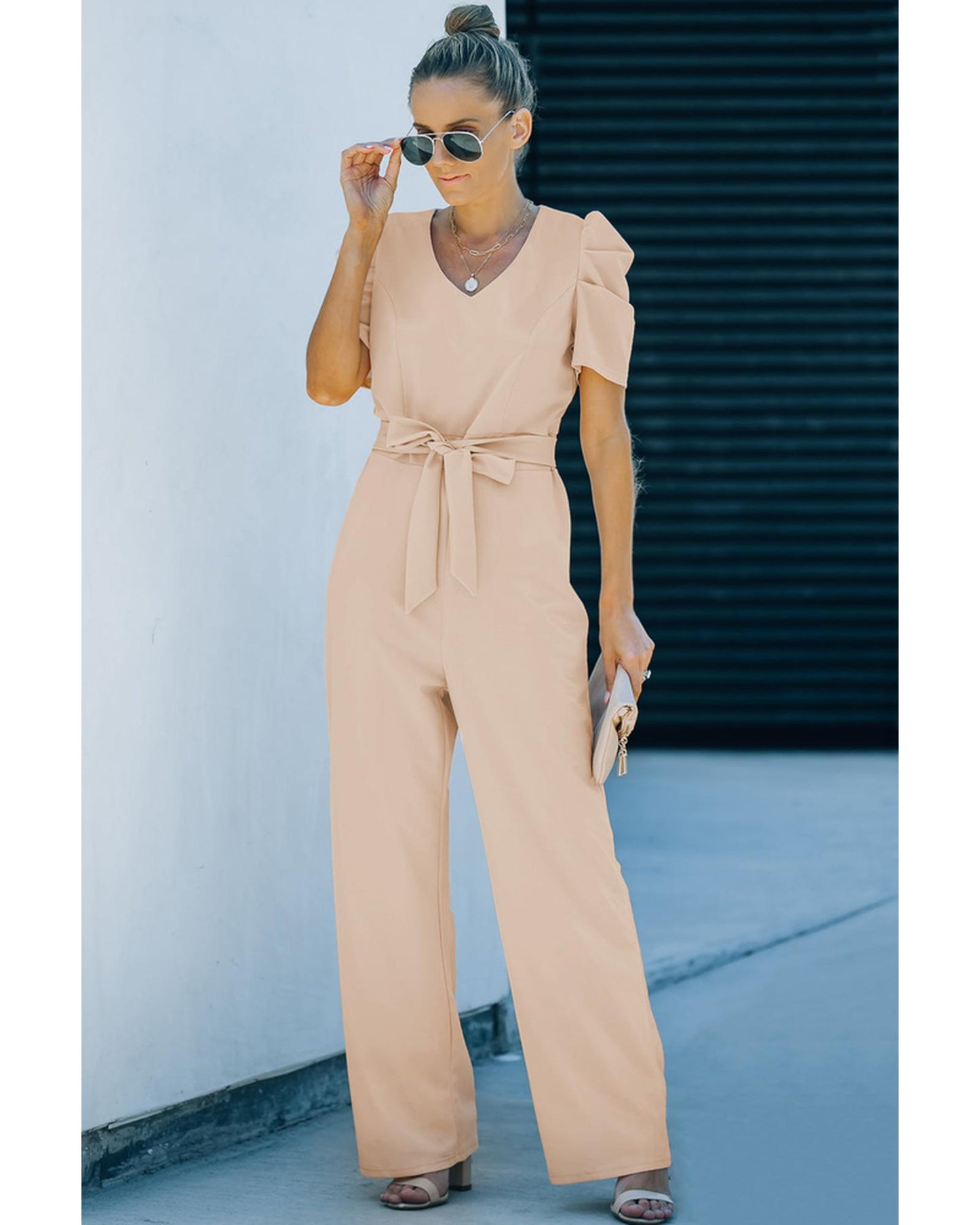 Azura Exchange Knotted High Waist Short Sleeve Jumpsuit - M