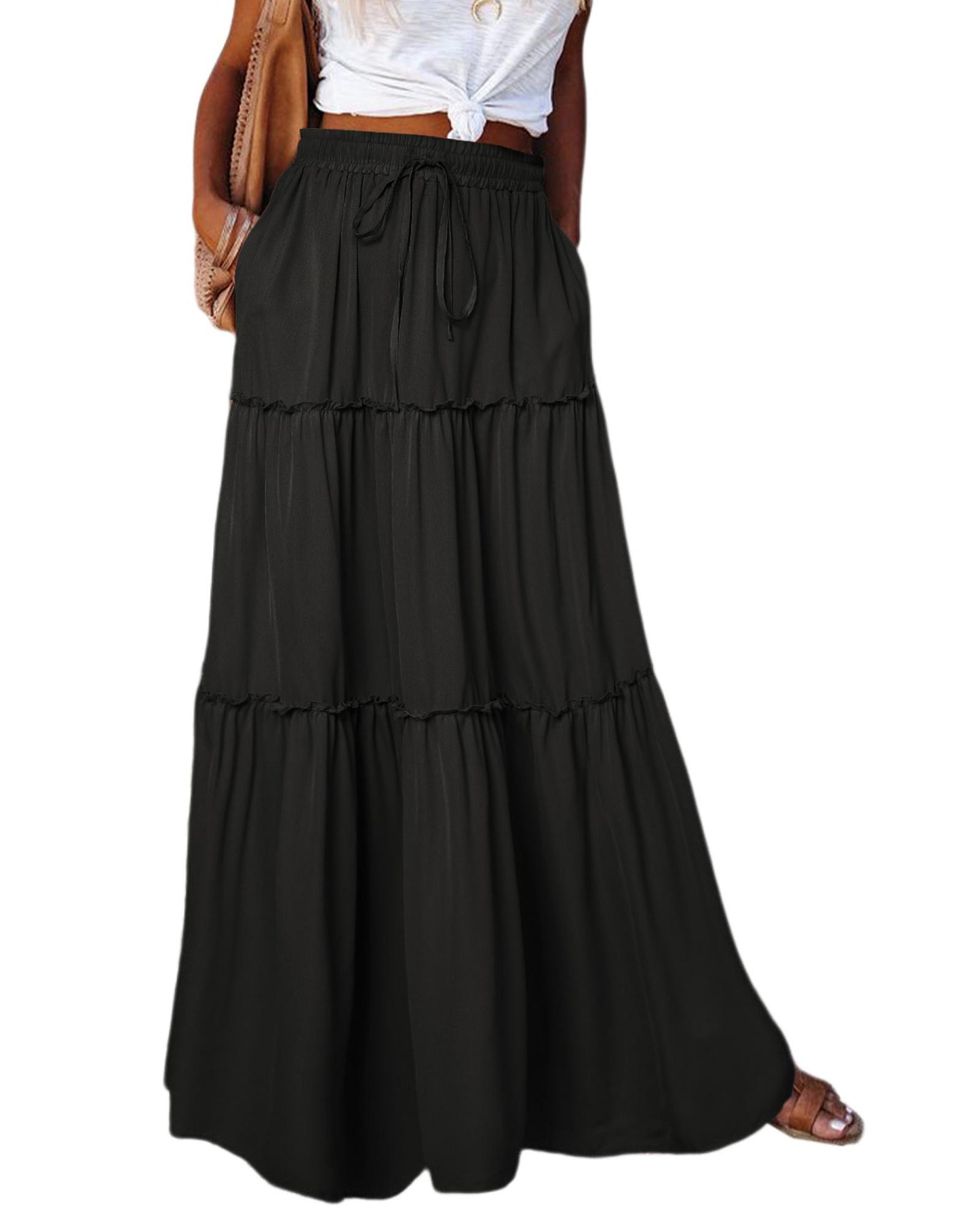 Azura Exchange Tiered Drawstring Waist Maxi Skirt - L